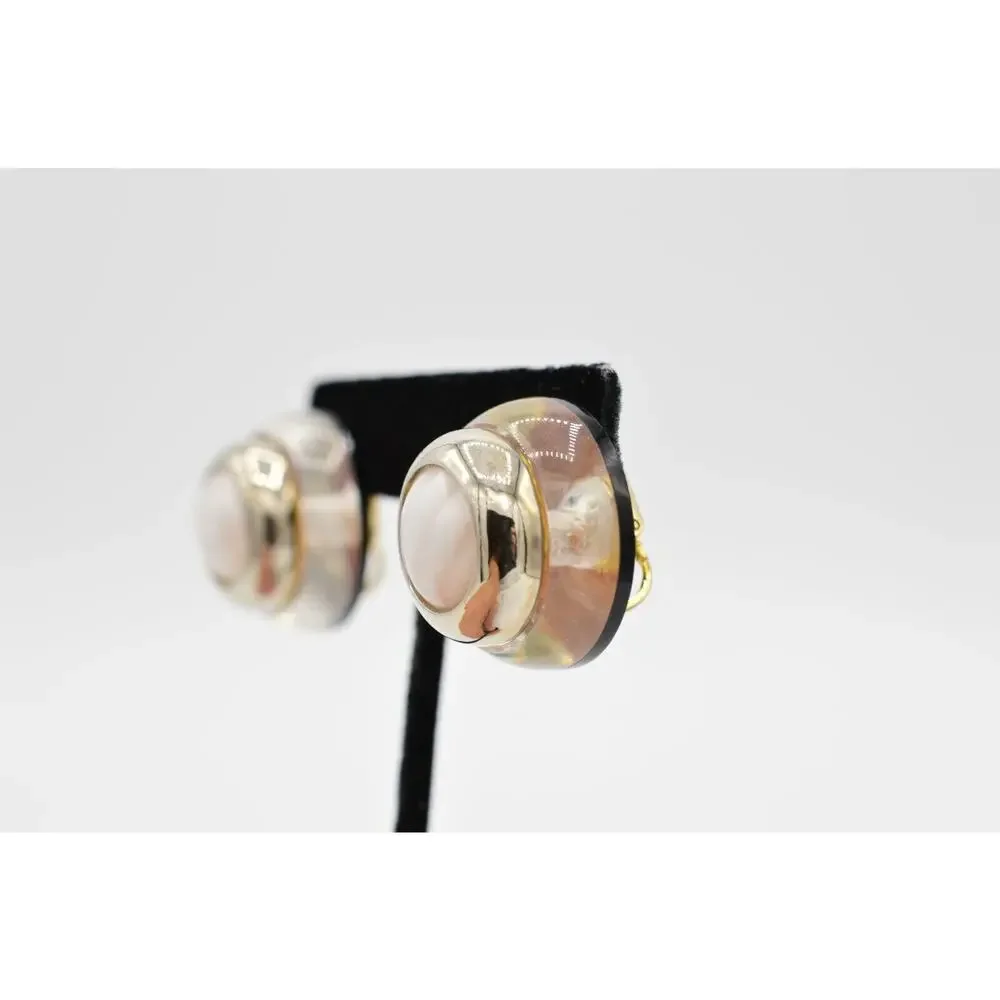 DIVA Vintage Clip On Earrings Round Chunky Lucite White Black Signed 1980s BinU